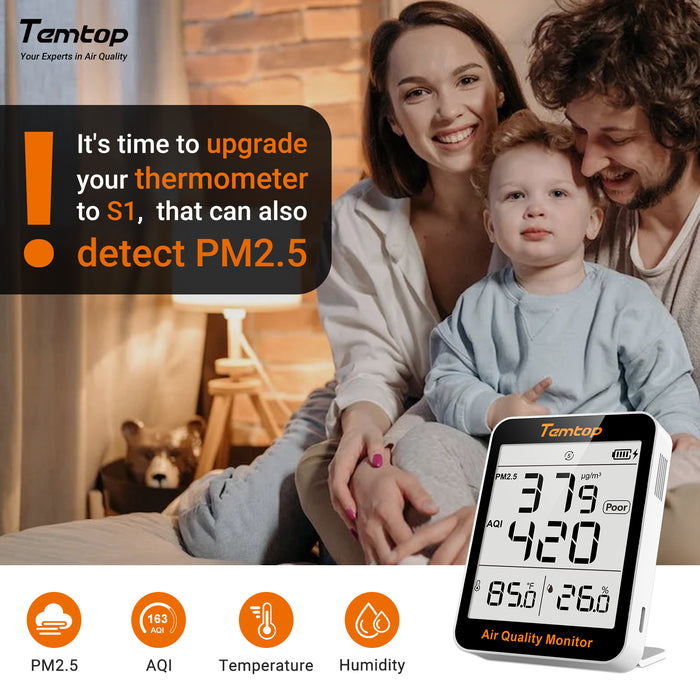 Temtop S1 Indoor Air Quality Meter Temperature and Humidity AQI PM2.5 Monitor with Accurate Sensor