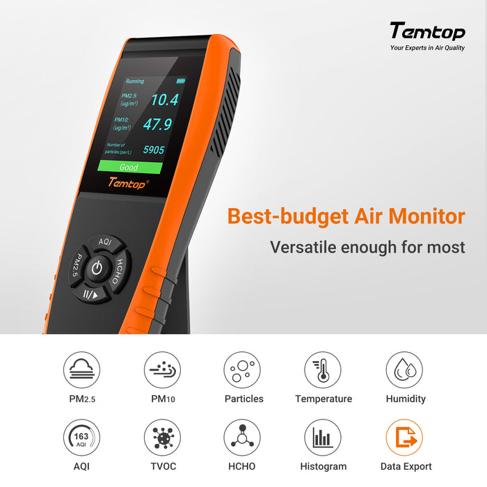 Temtop LKC-1000S+ 2nd Air Quality Monitor, Data Export PM2.5 PM10 HCHO AQI Particles VOCs Humidity and Temperature