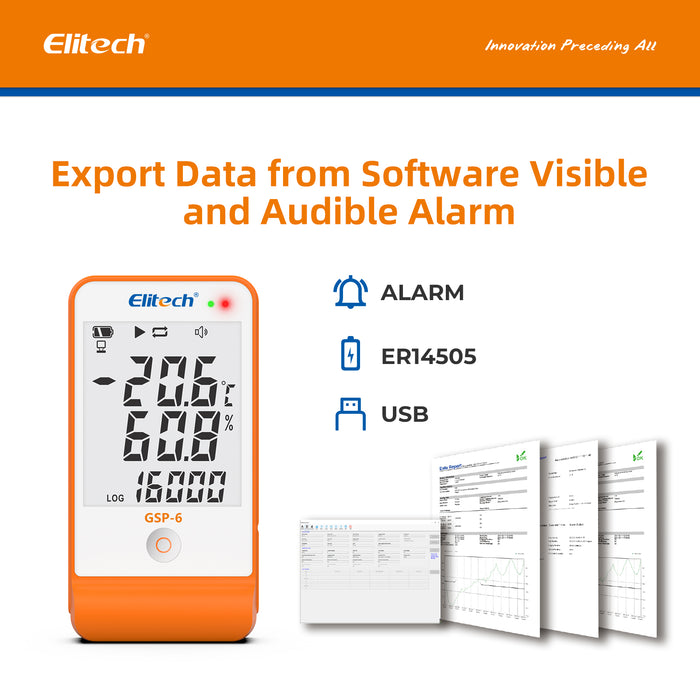 Elitech GSP-6 Temperature and Humidity Data Logger Recorder, Dual Sensors, Large LCD Display, Multi-Use
