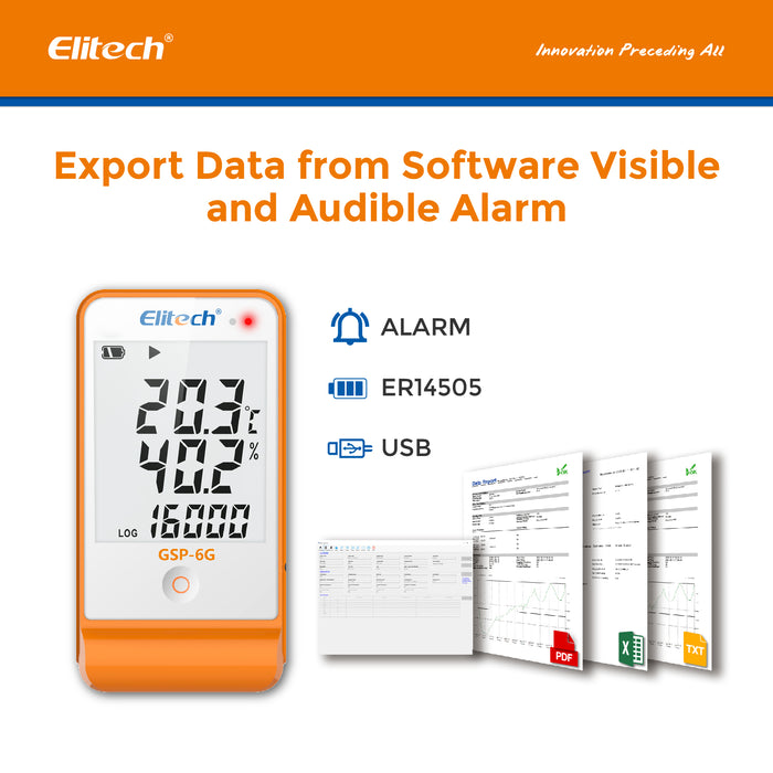 Elitech GSP-6G Temperature and Humidity Data Logger with Glycol Bottle Temperature Sensor Dual External Sensors