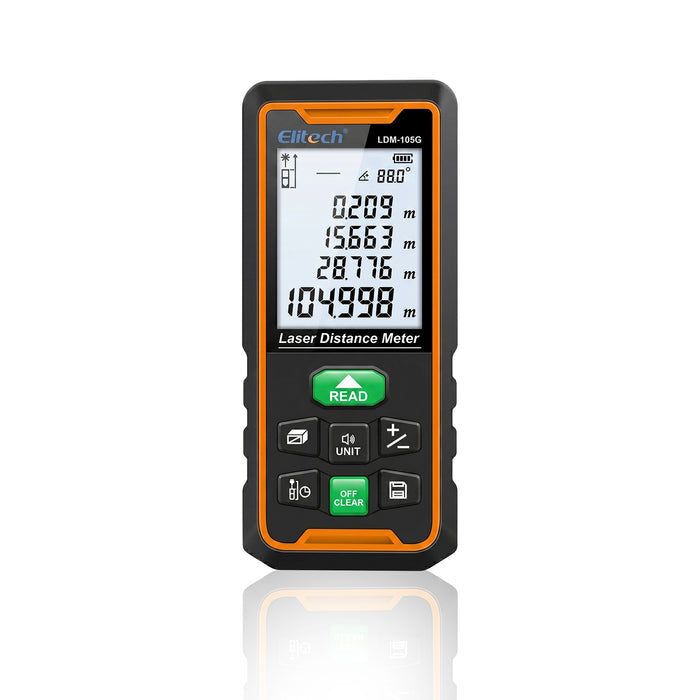 Elitech  LDM-105G 105m Laser Measure, Digital Laser Distance Meter with Built-in Angle Sensor, Full Pythagoras Mode, Dual Power Supply (AAA/Li-ion) Measuring Tool with 99 Groups Memory & Painter Function