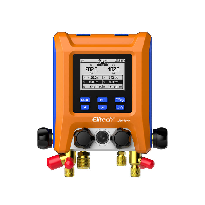 Elitech LMG-100W-Kit Digitales Verteilermessgerät, 4-Ventil-Bluetooth-HVAC-Verteilerset für R410A R32 R134a R404A, automatische Überhitzung/Unterkühlung, Vakuum- und Leckprüfung, Datenprotokollierung, ±0,5 % Genauigkeit, HD-LCD