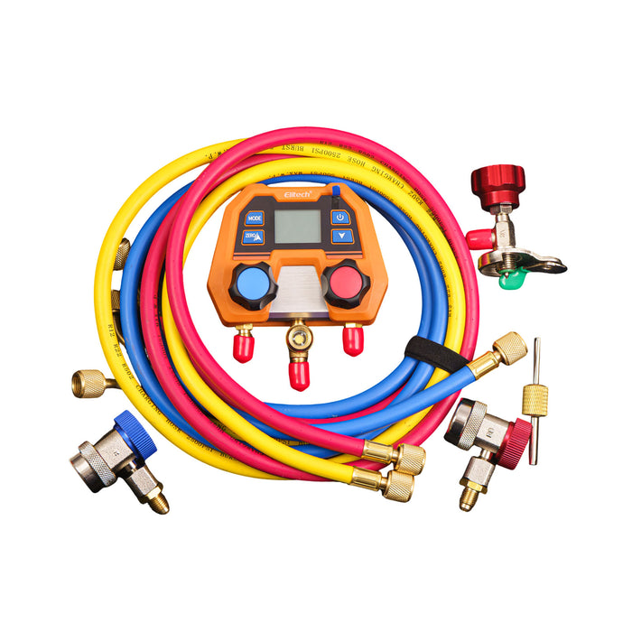 Elitech DMG-2SE-R134a-kit Digital AC Manifold Gauge Set, Automotive HVAC Vacuum Pressure Tester for Car Air Conditioning Repair, Supports R134a R1234yf R410A, 88 Refrigerants, Impact-Resistant Gauge with 2-Way Valve