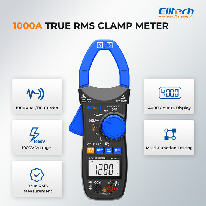 Elitech CM-110AC Digital Clamp Meter, 1000A AC Current, 1000V AC/DC Voltage, True RMS Multimeter with NCV, Capacitance, Temperature & Frequency Measurement