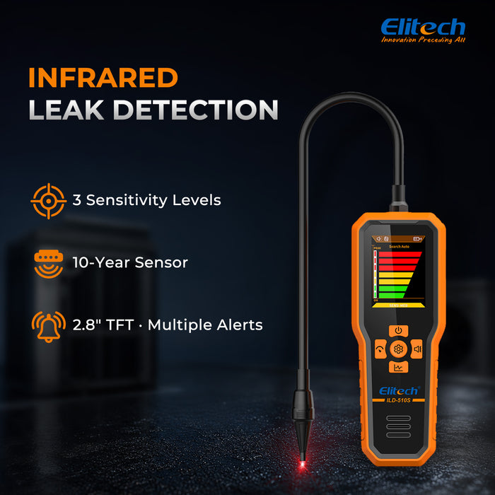 Elitech ILD-510S Infrarot-Kältemittel-Lecksucher, 3 Empfindlichkeitsstufen 3/7/14 g/Jahr, 10-Jahres-Sensor, 2,8-Zoll-TFT-Display, akustische Vibrationsalarme für HVAC AC Automotive CFC HCFC HFC HFO