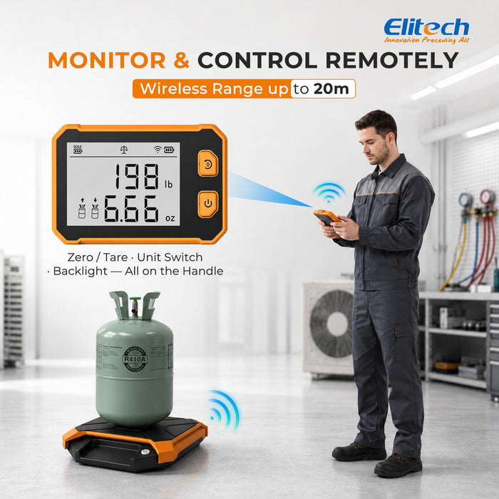 Elitech ERS-210 Kältemittelwaage für HVAC/R, 100 kg/220 lb kabellose Lade- und Wiederherstellungswaage, Fernablesung bis zu 20 m am abnehmbaren Griff, ±0,05 % Genauigkeit, robustes Design, kg/g/lb/oz-Einheiten