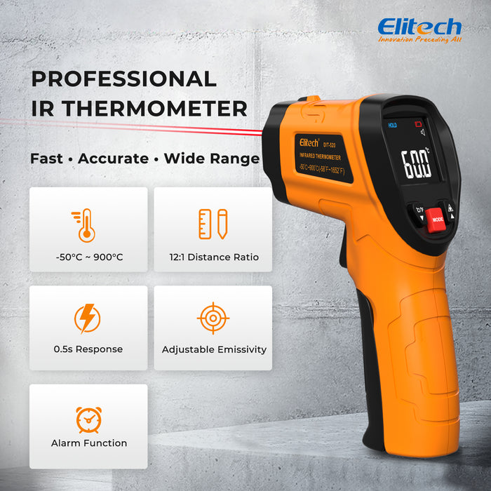 Pistola termometro a infrarossi Elitech DIT-520 900 °C (1652 °F), termometro IR industriale senza contatto con puntamento laser, emissività regolabile, MAX/MIN/AVG, alta precisione per HVAC, elettrico, automobilistico