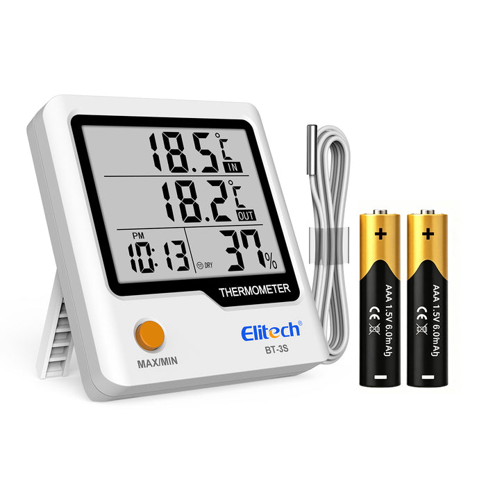 Elitech BT-3S Dual Channel Temperature Data Logger ±0.9℉ Accuracy, 4" Large LCD Display, Refrigerator Thermometer with External Probe for Liquid, Max/Min Recording, Wall Mount & Stand for Food Fridge Kitchen Lab
