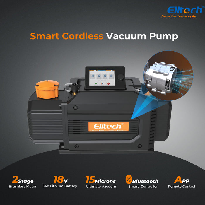 Elitech SVP-DC-PRO Smart Cordsless Vacuum Pump A2L compatible, pompe à vide HVAC en 2 étapes avec contrôleur Bluetooth, taux de pompage 1 l/s, pression extrême 2PA, pour HVAC/R