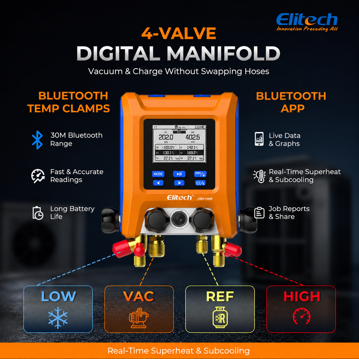 Elitech LMG-100W-Kit Digitales Verteilermessgerät, 4-Ventil-Bluetooth-HVAC-Verteilerset für R410A R32 R134a R404A, automatische Überhitzung/Unterkühlung, Vakuum- und Leckprüfung, Datenprotokollierung, ±0,5 % Genauigkeit, HD-LCD