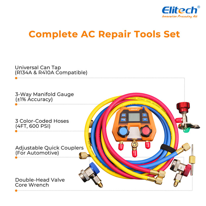 Elitech DMG-2SE-R134a-kit Digital AC Manifold Gauge Set, Automotive HVAC Vacuum Pressure Tester for Car Air Conditioning Repair, Supports R134a R1234yf R410A, 88 Refrigerants, Impact-Resistant Gauge with 2-Way Valve