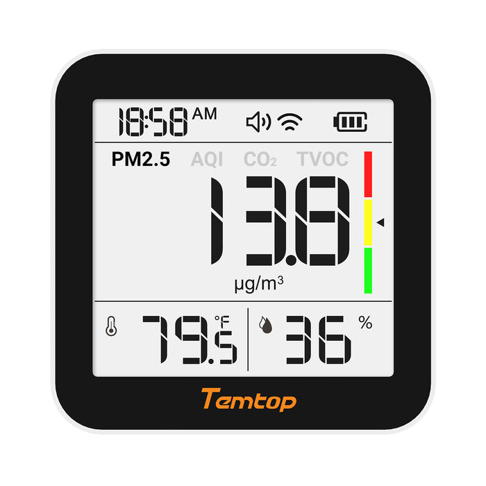 <tc>Moniteur de qualité de l'air Temtop M10+ WIFI, détecteur de CO2 rechargeable avec PM2.5, TVOC, AQI, température et humidité, appareil de mesure de la pollution intérieure 6 en 1 avec application, exportation des données et écran E-ink.</tc>