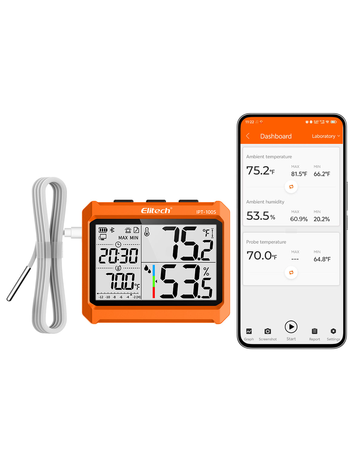 Elitech IPT-100S Digital Thermometer Hygrometer, Refrigerator Thermometer with External Temperature Probe, Free Data Storage Export, 5000 Points