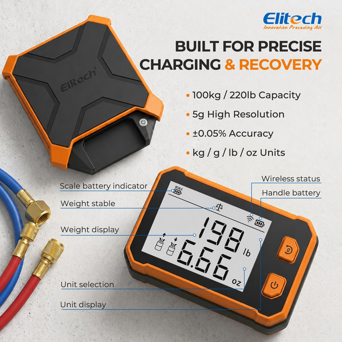 Elitech ERS-210 Kältemittelwaage für HVAC/R, 100 kg/220 lb kabellose Lade- und Wiederherstellungswaage, Fernablesung bis zu 20 m am abnehmbaren Griff, ±0,05 % Genauigkeit, robustes Design, kg/g/lb/oz-Einheiten