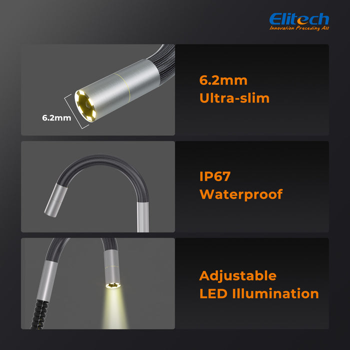 Elitech ELS240 Gelenk-Endoskop-Inspektionskamera, Zwei-Wege-180°-Lenkendoskop mit 4.3" IPS-Bildschirm, 6,2-mm-IP67-wasserdichte Sonde, 720p-HD-Industrie-Endoskop für Kfz-Mechaniker – 1 m