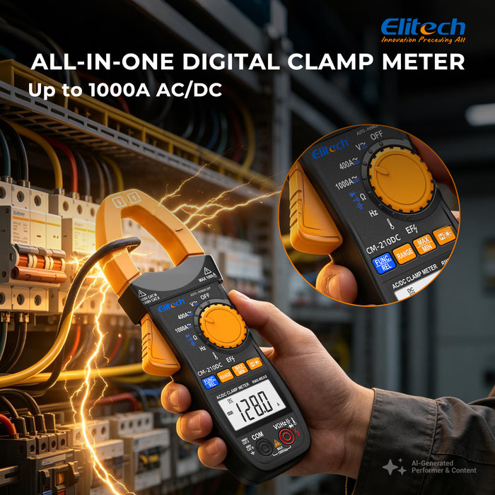 Elitech CM-210DC Digital Clamp Meter, 4000 Counts TRMS AC/DC Amp Current Tester, 1000V AC/DC Voltage, Resistance, Capacitance, Frequency, Temperature, NCV, Continuity, Diode Multi-Tester