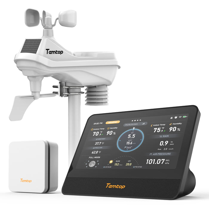Temtop W100 WiFi Weather Station with Air Quality Monitor, 7" Touchscreen Indoor Outdoor Weather Station, PM2.5/PM10/CO2/TVOC Monitor, Rain Gauge, Wind Speed & Direction, UV, AQI Forecast