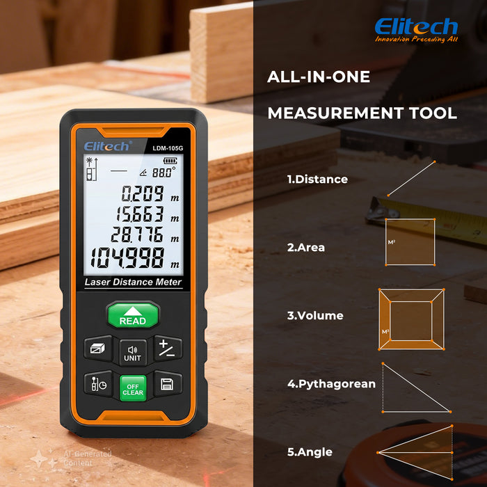 Elitech  LDM-105G 105m Laser Measure, Digital Laser Distance Meter with Built-in Angle Sensor, Full Pythagoras Mode, Dual Power Supply (AAA/Li-ion) Measuring Tool with 99 Groups Memory & Painter Function