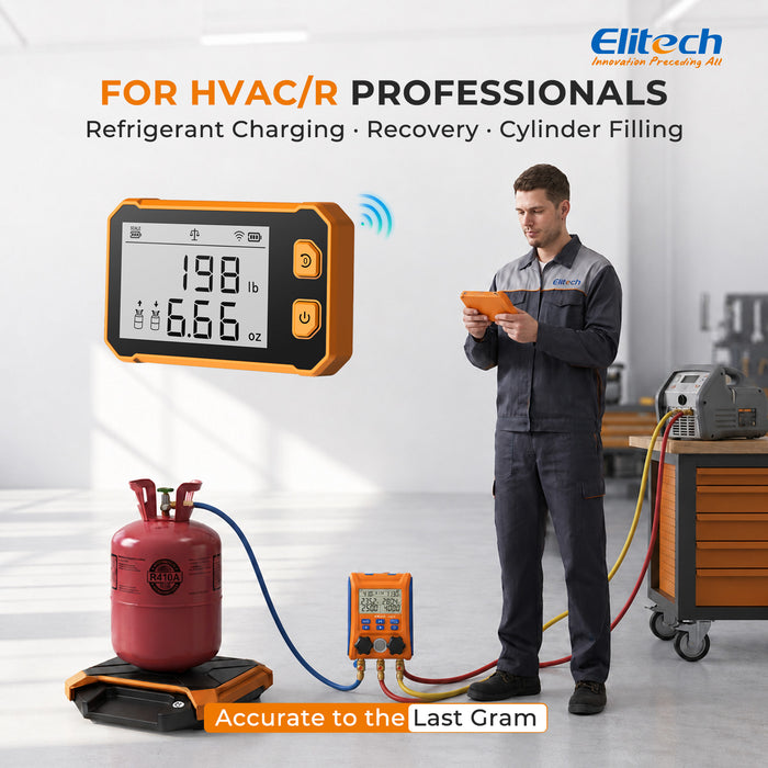 Elitech ERS-210 Kältemittelwaage für HVAC/R, 100 kg/220 lb kabellose Lade- und Wiederherstellungswaage, Fernablesung bis zu 20 m am abnehmbaren Griff, ±0,05 % Genauigkeit, robustes Design, kg/g/lb/oz-Einheiten