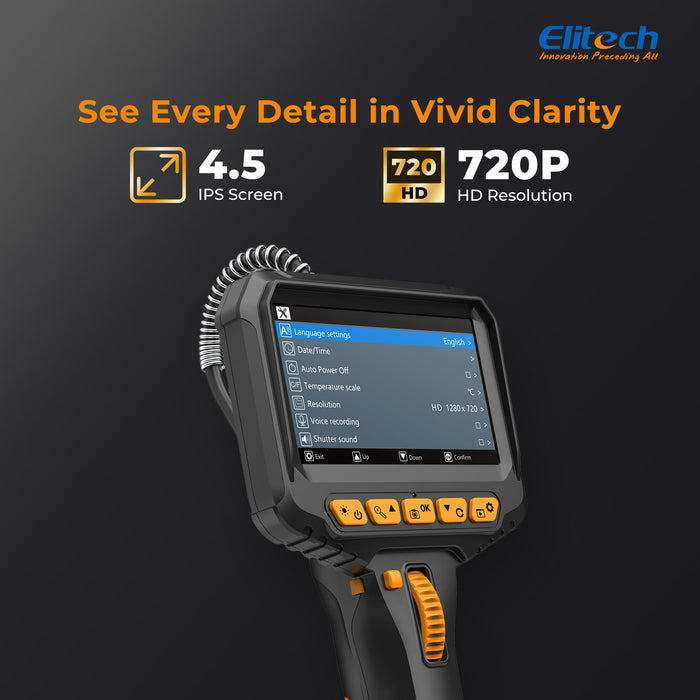 Elitech ELS240 Gelenk-Endoskop-Inspektionskamera, Zwei-Wege-180°-Lenkendoskop mit 4.3" IPS-Bildschirm, 6,2-mm-IP67-wasserdichte Sonde, 720p-HD-Industrie-Endoskop für Kfz-Mechaniker – 1 m