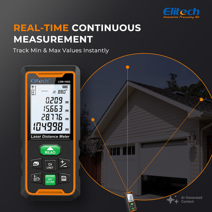 Elitech  LDM-105G 105m Laser Measure, Digital Laser Distance Meter with Built-in Angle Sensor, Full Pythagoras Mode, Dual Power Supply (AAA/Li-ion) Measuring Tool with 99 Groups Memory & Painter Function