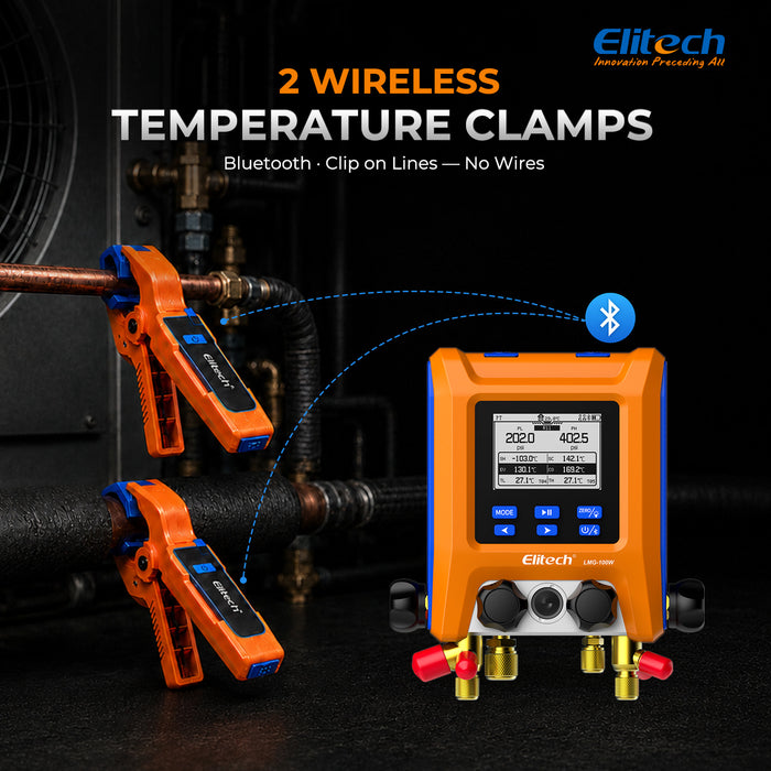 Elitech LMG-100W-Kit Digitales Verteilermessgerät, 4-Ventil-Bluetooth-HVAC-Verteilerset für R410A R32 R134a R404A, automatische Überhitzung/Unterkühlung, Vakuum- und Leckprüfung, Datenprotokollierung, ±0,5 % Genauigkeit, HD-LCD