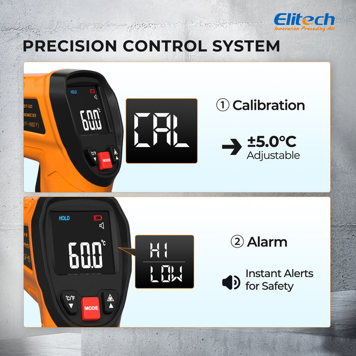 Pistola termometro a infrarossi Elitech DIT-520 900 °C (1652 °F), termometro IR industriale senza contatto con puntamento laser, emissività regolabile, MAX/MIN/AVG, alta precisione per HVAC, elettrico, automobilistico
