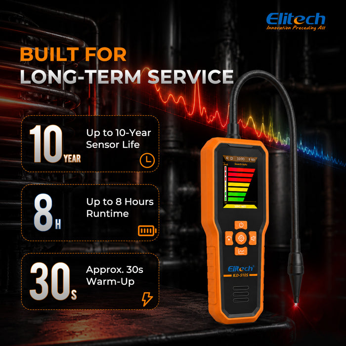 Elitech ILD-510S Infrarot-Kältemittel-Lecksucher, 3 Empfindlichkeitsstufen 3/7/14 g/Jahr, 10-Jahres-Sensor, 2,8-Zoll-TFT-Display, akustische Vibrationsalarme für HVAC AC Automotive CFC HCFC HFC HFO