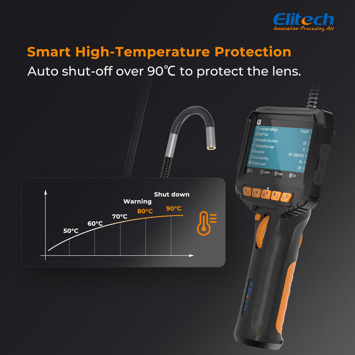 Elitech ELS240 Gelenk-Endoskop-Inspektionskamera, Zwei-Wege-180°-Lenkendoskop mit 4.3" IPS-Bildschirm, 6,2-mm-IP67-wasserdichte Sonde, 720p-HD-Industrie-Endoskop für Kfz-Mechaniker – 1 m