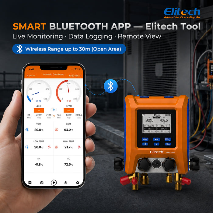 Elitech LMG-100W-Kit Digitales Verteilermessgerät, 4-Ventil-Bluetooth-HVAC-Verteilerset für R410A R32 R134a R404A, automatische Überhitzung/Unterkühlung, Vakuum- und Leckprüfung, Datenprotokollierung, ±0,5 % Genauigkeit, HD-LCD