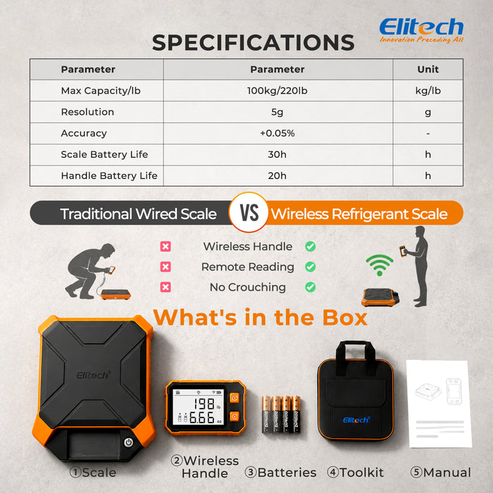 Elitech ERS-210 Kältemittelwaage für HVAC/R, 100 kg/220 lb kabellose Lade- und Wiederherstellungswaage, Fernablesung bis zu 20 m am abnehmbaren Griff, ±0,05 % Genauigkeit, robustes Design, kg/g/lb/oz-Einheiten