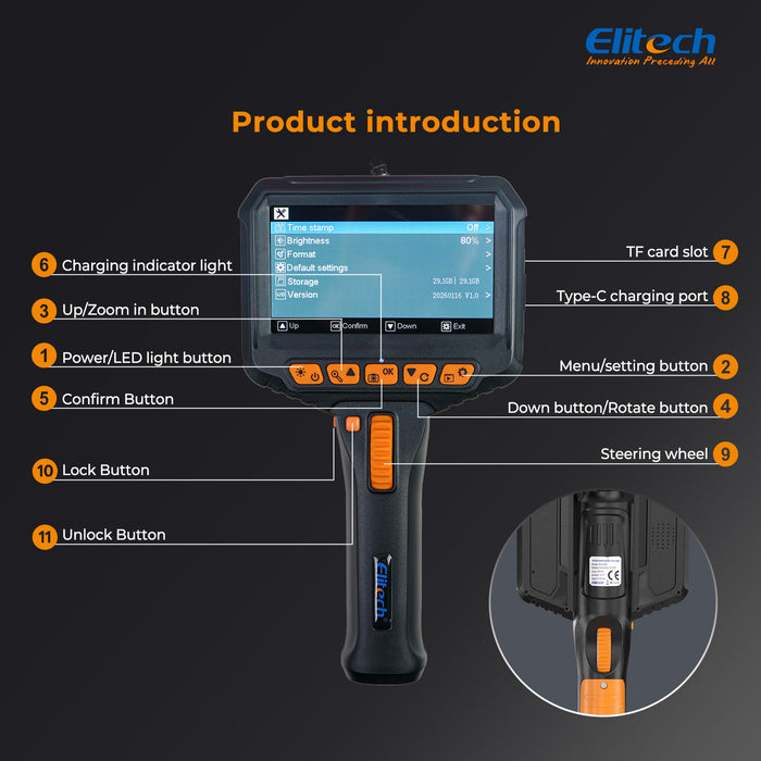 Elitech ELS240 Gelenk-Endoskop-Inspektionskamera, Zwei-Wege-180°-Lenkendoskop mit 4.3" IPS-Bildschirm, 6,2-mm-IP67-wasserdichte Sonde, 720p-HD-Industrie-Endoskop für Kfz-Mechaniker – 1 m