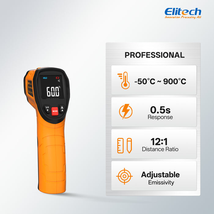 Pistola termometro a infrarossi Elitech DIT-520 900 °C (1652 °F), termometro IR industriale senza contatto con puntamento laser, emissività regolabile, MAX/MIN/AVG, alta precisione per HVAC, elettrico, automobilistico