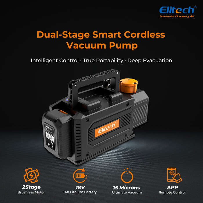 Elitech SVP-DC Pompe à vide sans fil intelligente A2L compatible, pompe à vide HVAC en 2 étapes, taux de pompage 1 l/s, pression extrême 2PA, pour HVAC/R