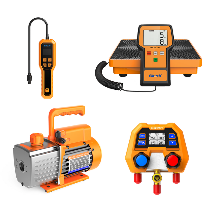 Detector de fugas de refrigerante Elitech HVAC Tools Set F - ELD-210 & Báscula de refrigerante LMC-100F+ & Manómetro digital para colector DMG-2SE-kit & Bomba de vacío NVP-5