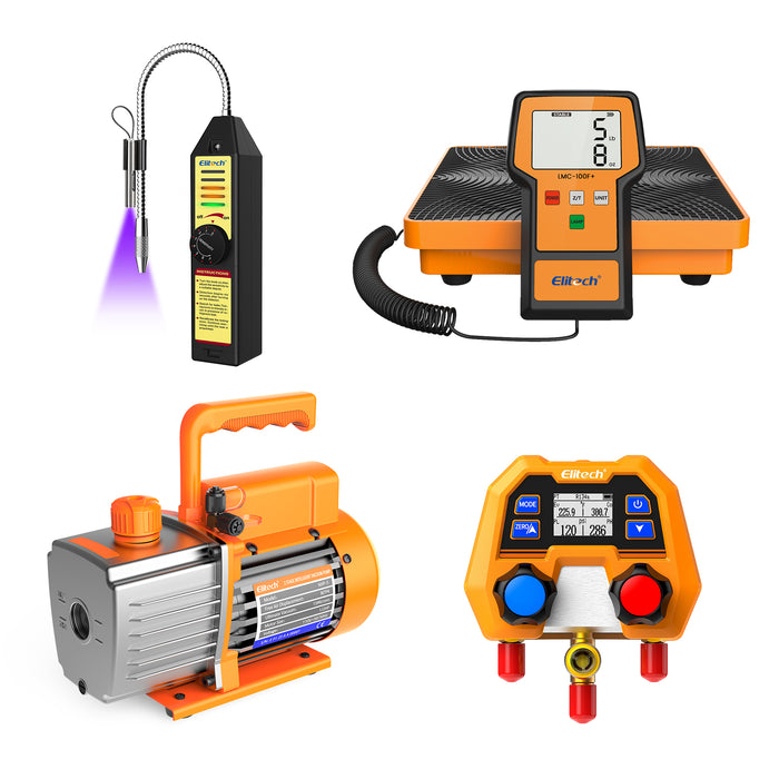 Juego de herramientas Elitech HVAC D&Detector de fugas de refrigerante E - WJL-6000S & Báscula de refrigerante LMC-100F+ & Manómetro digital para colector DMG-2SE-kit & Bomba de vacío NVP-3/NVP-5