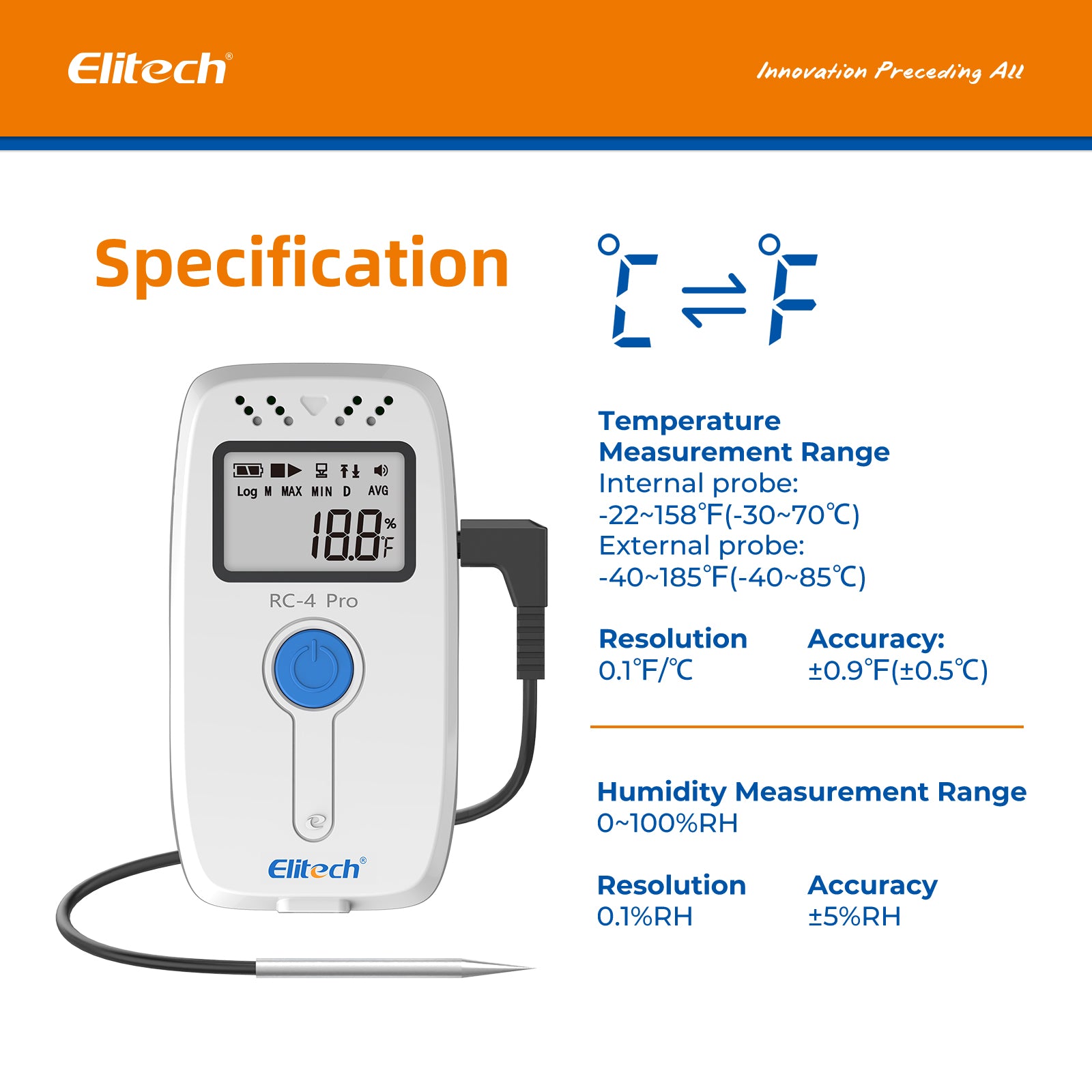 Elitech RC-4H Pro PDF USB Digital Temperature Humidity Data Logger Reuseable Recorder DDL 64000 Points High Accuracy, Shadow Data, Built-in Buzzer, Auto PDF CSV Report, Windows/MacOS Software