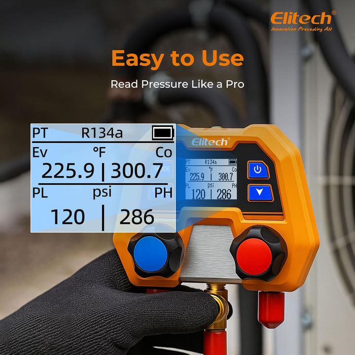Elitech DMG-2SE-R134a-kit Digital AC Manifold Gauge Set, Automotive HVAC Vacuum Pressure Tester for Car Air Conditioning Repair, Supports R134a R1234yf R410A, 88 Refrigerants, Impact-Resistant Gauge with 2-Way Valve