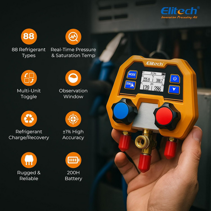 Elitech DMG-2SE-R134a-kit Digital AC Manifold Gauge Set, Automotive HVAC Vacuum Pressure Tester for Car Air Conditioning Repair, Supports R134a R1234yf R410A, 88 Refrigerants, Impact-Resistant Gauge with 2-Way Valve