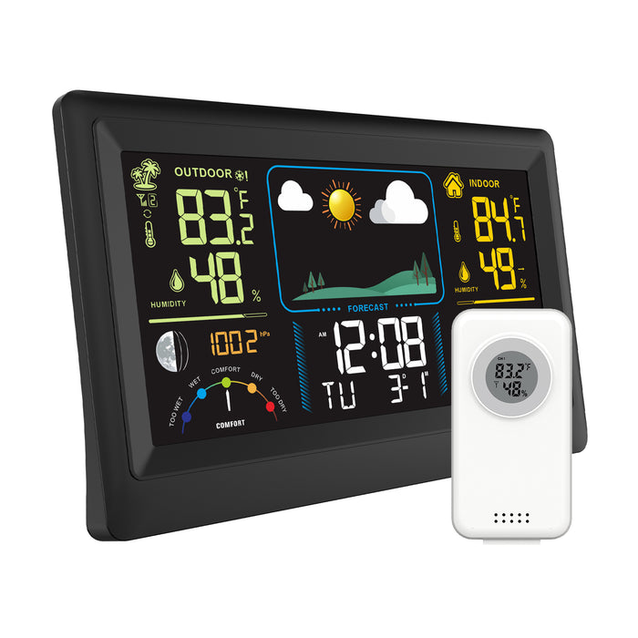 Temporal W100 Estación meteorológica multifuncional con temperatura interior y exterior, humedad, presión atmosférica, pronóstico del tiempo, fase lunar y alarma.
