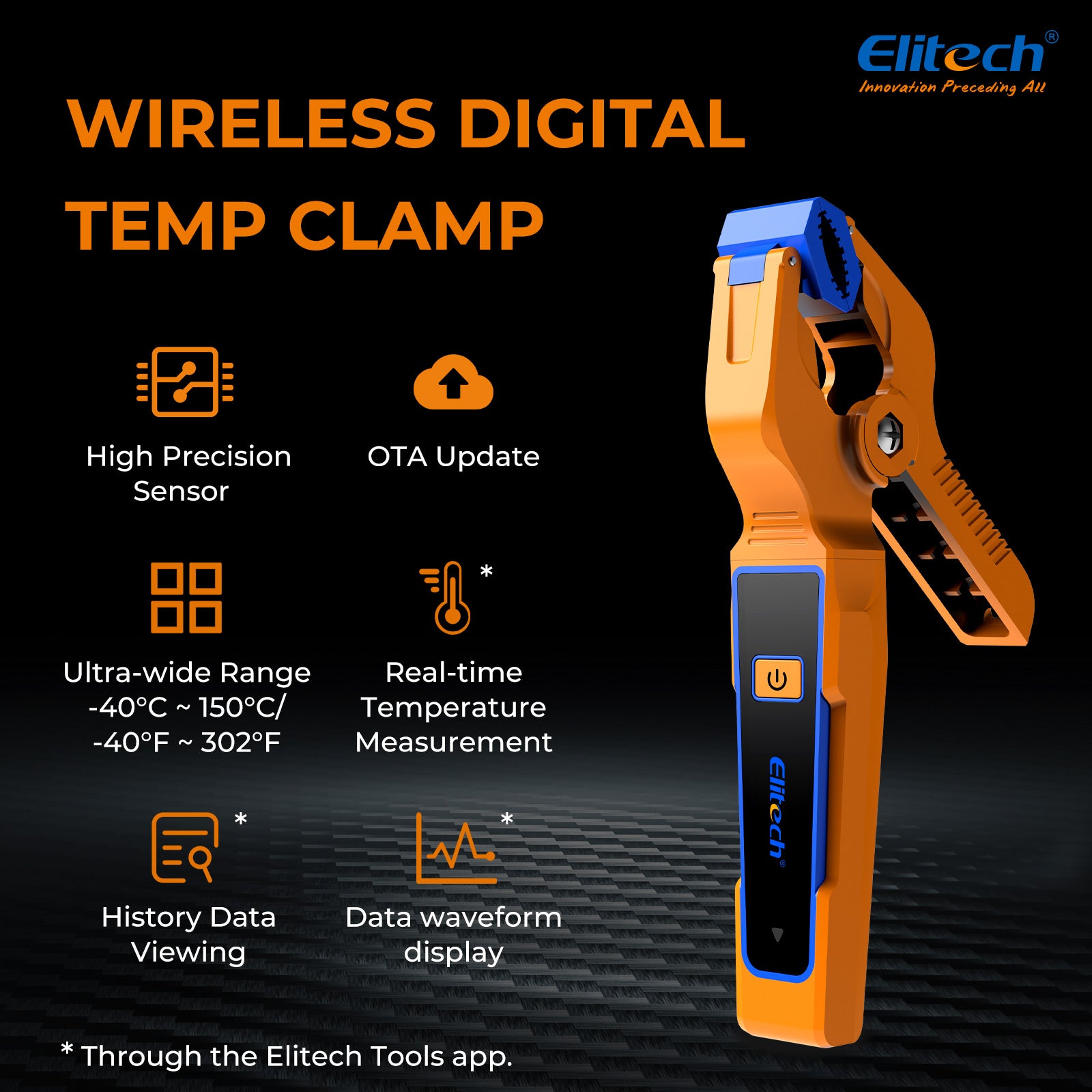 Elitech IPT-01 Wireless Temperature Clamp for HVAC Heating and Cooling Systems T-Type Thermometer, High Precision, Data Logging & Remote Monitoring HVAC Temperature Probe with Bluetooth and App Operation