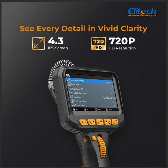 Caméra d'inspection endoscopique articulée Elitech ELS240, endoscope à rotation bidirectionnelle à 180° avec 4.3" Écran IPS, sonde étanche IP67 de 6,2 mm, lunette de visée industrielle HD 720p pour la mécanique automobile - 1 m
