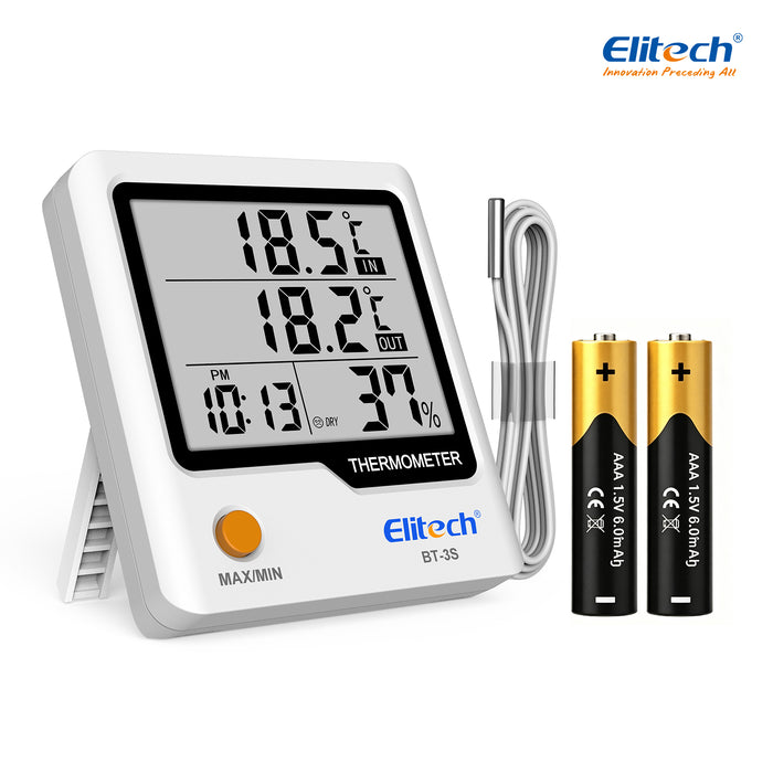 Elitech BT-3S Dual Channel Temperature Data Logger ±0.9℉ Accuracy, 4" Large LCD Display, Refrigerator Thermometer with External Probe for Liquid, Max/Min Recording, Wall Mount & Stand for Food Fridge Kitchen Lab
