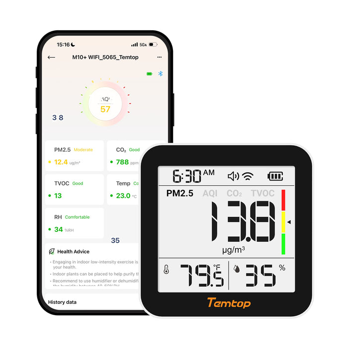 <tc>Moniteur de qualité de l'air Temtop M10+ WIFI, détecteur de CO2 rechargeable avec PM2.5, TVOC, AQI, température et humidité, appareil de mesure de la pollution intérieure 6 en 1 avec application, exportation des données et écran E-ink.</tc>