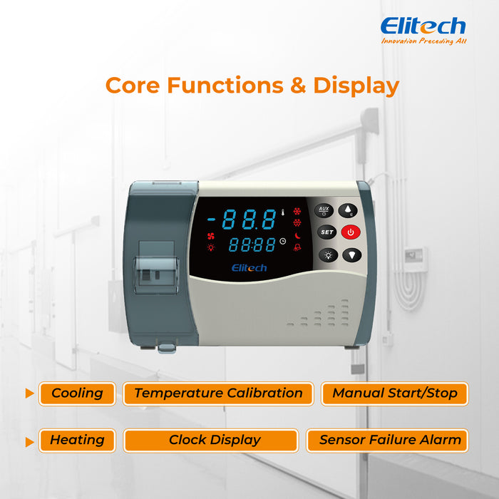 Panel de control eléctrico Elitech ECB-1000Plus Cloud Plastic con refrigeración 3HP, descongelación, ventilador, salida de luz y alarma, 100-256VAC, red WiFi+4G, con sensor de temperatura, sensor de descongelación del evaporador, entradas de señal digital