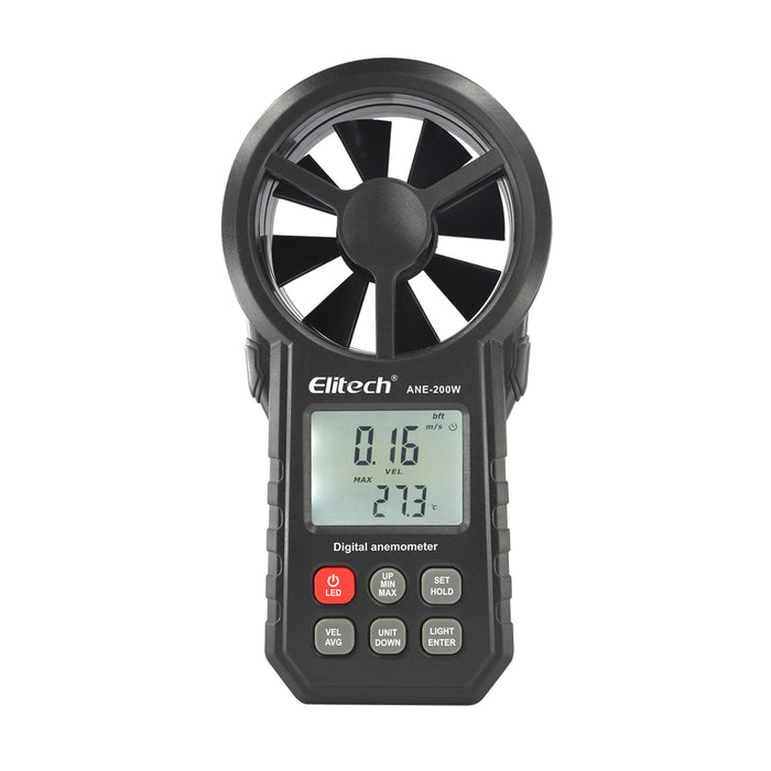 Elitech ANE-200W Anemómetro Bluetooth, medidor de velocidad del viento digital con temperatura y exportación de datos USB, medición del flujo de aire CFM/CMM, para pruebas de HVAC y ambiental