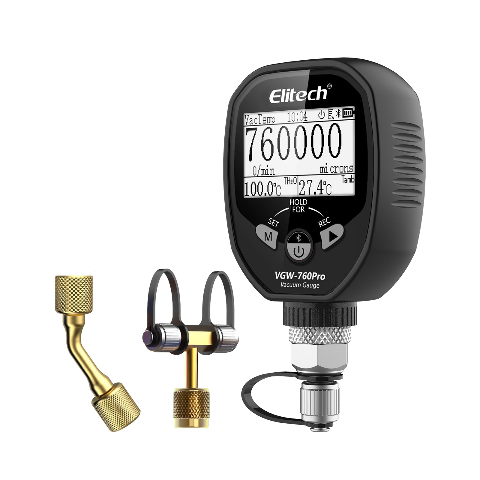 Elitech VGW-760Pro Full-Range Micron Gauge, Wireless Digital Vacuum Gauge with Adaptor Pressure Tester Meter HVAC, Alarms via APP, Offline Recording, 1/4