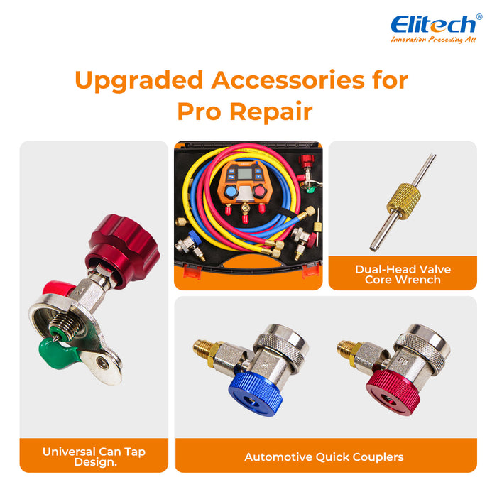 Elitech DMG-2SE-R134a-kit Digital AC Manifold Gauge Set, Automotive HVAC Vacuum Pressure Tester for Car Air Conditioning Repair, Supports R134a R1234yf R410A, 88 Refrigerants, Impact-Resistant Gauge with 2-Way Valve