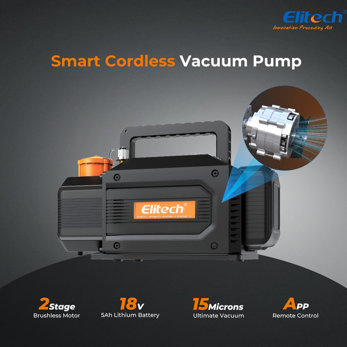 Elitech SVP-DC Pompe à vide sans fil intelligente A2L compatible, pompe à vide HVAC en 2 étapes, taux de pompage 1 l/s, pression extrême 2PA, pour HVAC/R