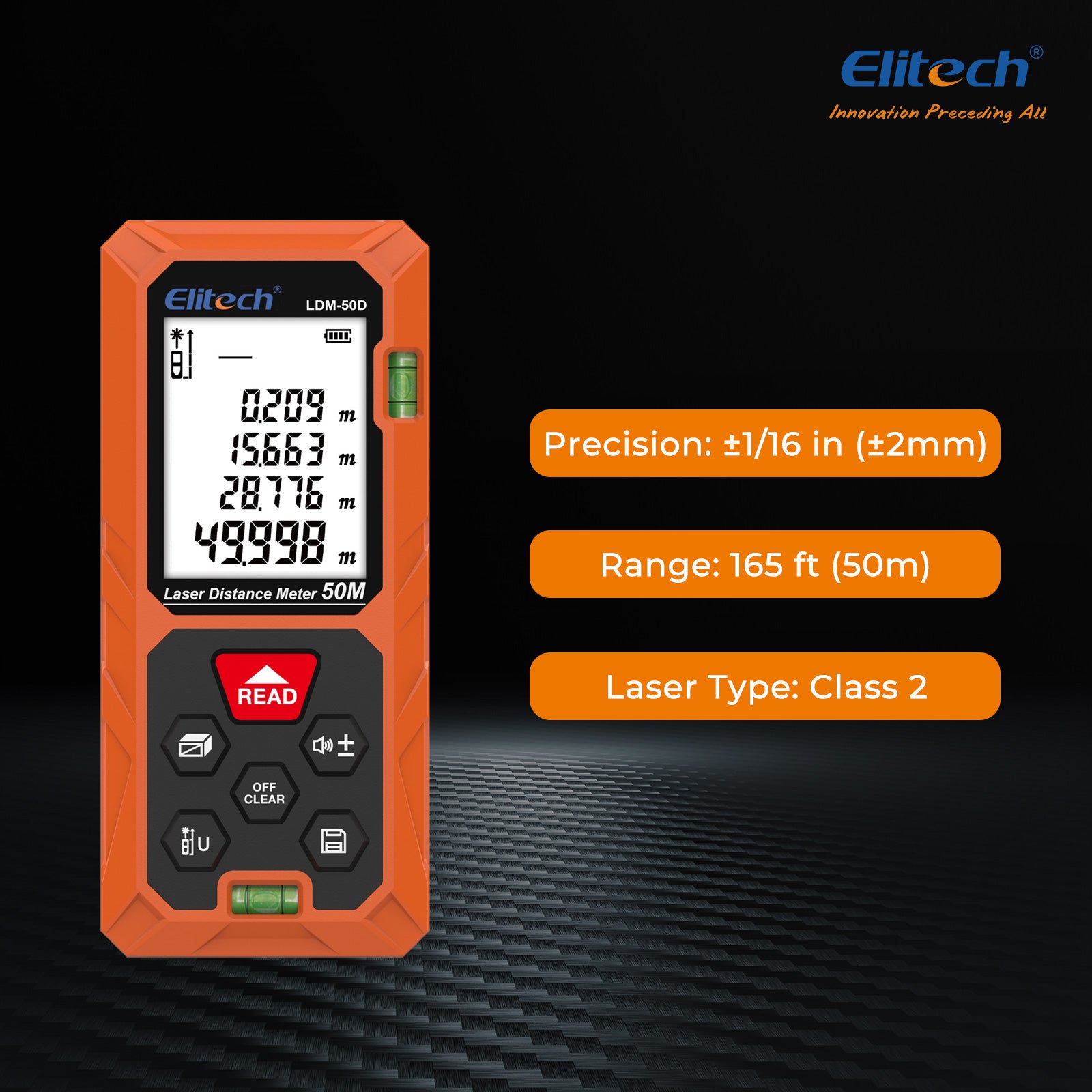 Elitech LDM-50D Laser Distance Meter 165ft, Digital Measure Tool with Area/Volume/Pythagoras Mode, Backlit LCD, 99 Data Records, ±2mm Accuracy, Ft/In/M Unit Switch, Ideal for Home DIY & Interior Design